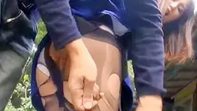 Outdoor Fuck Fest Begins by Ripping Her Tight Pantyhose