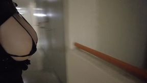 Public carpark sissy enamel black nurse masturbates on staircase dildo