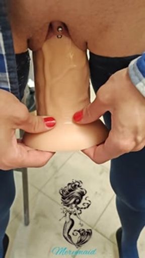 Huge dildo in action