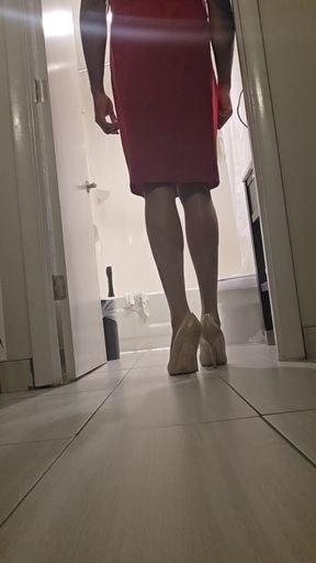 Red dress and biege heels
