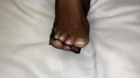 Ebony Girl Shows off Her French Pedicure in Her Black Nylons & Does Removal to Show Her Feet
