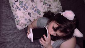 Solo girl with big boobs wears pyjamas and enjoys ASMR sensual ear licking.