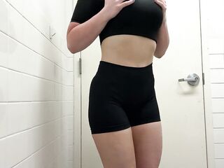 Giving myself a Quick CLIMAX in the GYM BATHS.. LARGE BOOBS with NO Sports Brassiere