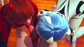 Shinji's Room Heat – Evangelion 3D Hentai Threesome with Asuka & Rei Sucking Dick for Cumshots & Pussy Fucks