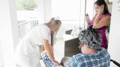 Kourtney Love and Sara Blonde take the old man's big hard cock for his inheritance