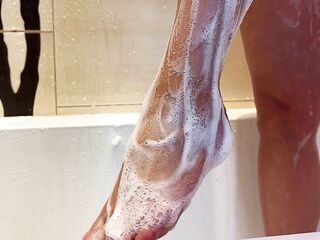 Soaked Footjob in washroom - snatch in foam