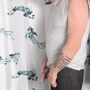 Solo Mature Hung Daddy Pissing an Bating in Bathroom