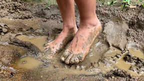Barefoot in mud, muddy feet, dirty feet, girl walking barefoot in mud, muddy soles, walking without shoes in mud