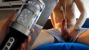 The guy powerfully finished from a rotating masturbator