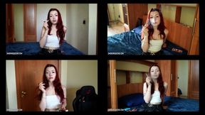 1-6 Lisa is smoking all-white Virginia Slims 120s cigarettes in the bedroom at home using matches (4 scenes) 4K resolution