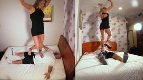 Buff Blondi Heel Trampling Slave on the Bed - Above and Rear Views 4K