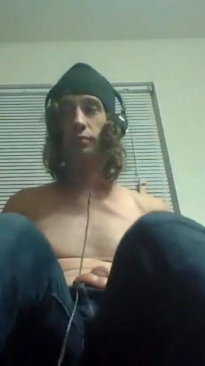 Headphones & Beanie on; Barechested and Stroking Lazily to Porn