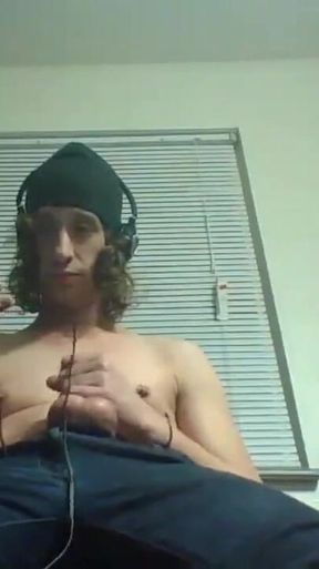 Headphones & Beanie on; Barechested and Stroking Lazily to Porn