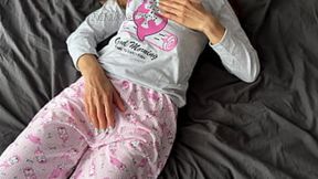 Slutty young thing in PJs freaks out solo &mdash;  gets pounded &mdash;  and sprays everywhere like a fountain of cum