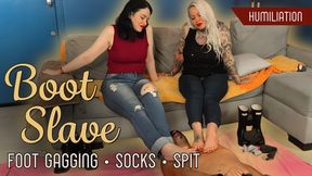 Louise and Madame Fermans Overwhelm Their Foot Slave With Strong Boot Sweat and Soft Pink Soles Against His Face (720p - EN sub - boots - spit fetish - sock smelling)