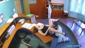 Hot redhead Helen sucks cock for job security in hospital office