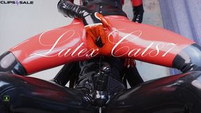 Rubber cowgirl rides slave's big cock