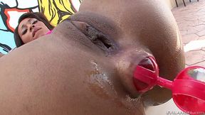 Leilani Leeane gives birth to huge anal beads before rough anal