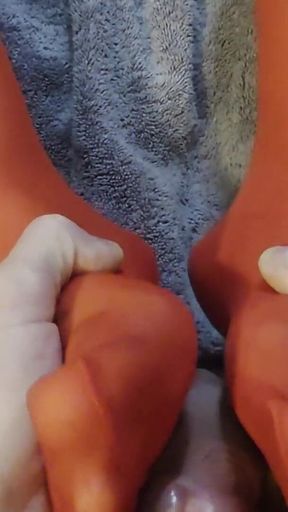 Latina MILF Gives Blowjob and Footjob Until I Cum on Her Red Stocking Feet