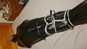 Miss M teases a man in a pvc bondage sack with her wand