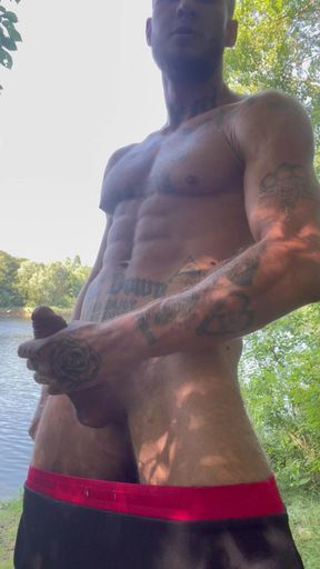 Tattooed trained guy Public outdoor jerk off