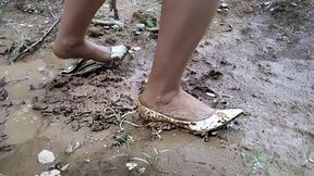 Gianmarco lorenzi high heels destruction in the forest, wrecked high heels, high heels in mud