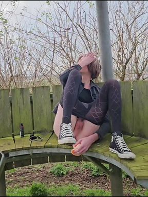 Riding dildo outdoor on bench