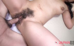 Busty Japanese woman Mayuko Nitta licks her hairy pussy before cumming.