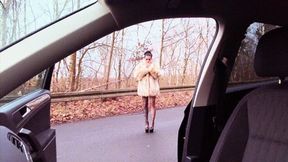 Fur coat and smoking in the parking lot