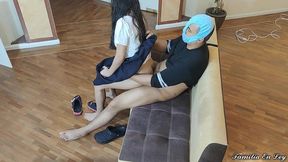 girl in uniform is fucked by the man who takes care of her