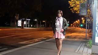 Crossdressers in big mini skirts and nylon pantyhose out in public