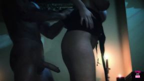 Uncle Fester Like Dude Got Lucky Banging This Blonde with Fake Tits on the Stairs