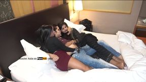 Two sl**ts sharing a dude for a wild f**ck session - Hunter Asia