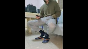 Large jock in spin flops draining off on a couch