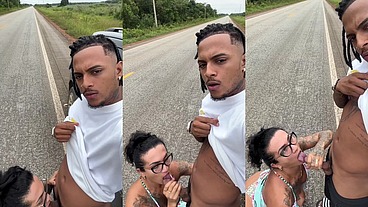 Parei o carro na estrada e chupei o pau do negão até ele gozar na minha boca