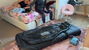 Wife drives her husband to orgasm with ESTIM in Inflatable Full Body Latex Bondage Bag. Restricted Breathing - Gagged  Butt Plug