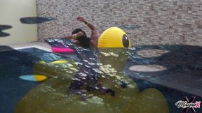 Slutty Asian MILF Maxine X floats around pool and has a rubber ducky fucky!!