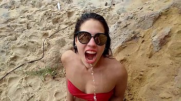 POV BEACH NERVEUS FIRST TIME OUTSIDE, DRINKING PISS, DEEP THROAT AND BLOWJOB!!!