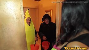 Halloween tgirl spitroasted in latin threeway