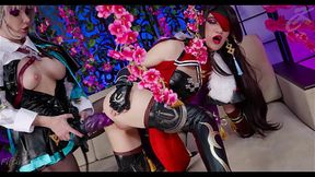 Two sexy anime bitches stretch their back door holes with big toys