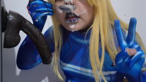 Cute Samus Femboy with BDSM Nosehook Giving a Sloppy Blowjob to BBC Dildo, Deepthroat, and Eating Semen
