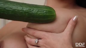 Hot brunette, Krystal Webb was too horny to hold back from masturbating like crazy, in the kitchen