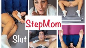 Found Stepmom dressed with sexy halloween custom in bed with naked pussy and stroke untill she catch me