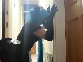 Kinky shemale rides a dildo while showing off her cosplay