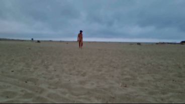 naked pathetic white slave, fag in penis cage, striptease and proudly present collar, leash, dildo play at the gay beach, CMNM