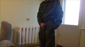 Russian soldier masturbates his big cock and licks his shoes