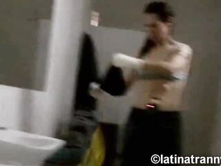 Nikki Montero transgender pornstar ladies room pissing on the crapper and being inexperienced