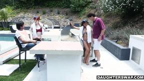 ”Horny dads swap slutty daughters for an amazing fuck”