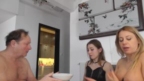 Disgusting Slave Eats Spitted Food by Two Gorgeous Mistresses