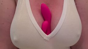 POV Sexy White Top & No Bra. Big, Natural DDD Tits with Hard Nipples. Big Pink Vibrator Play Makes it Super Fun.